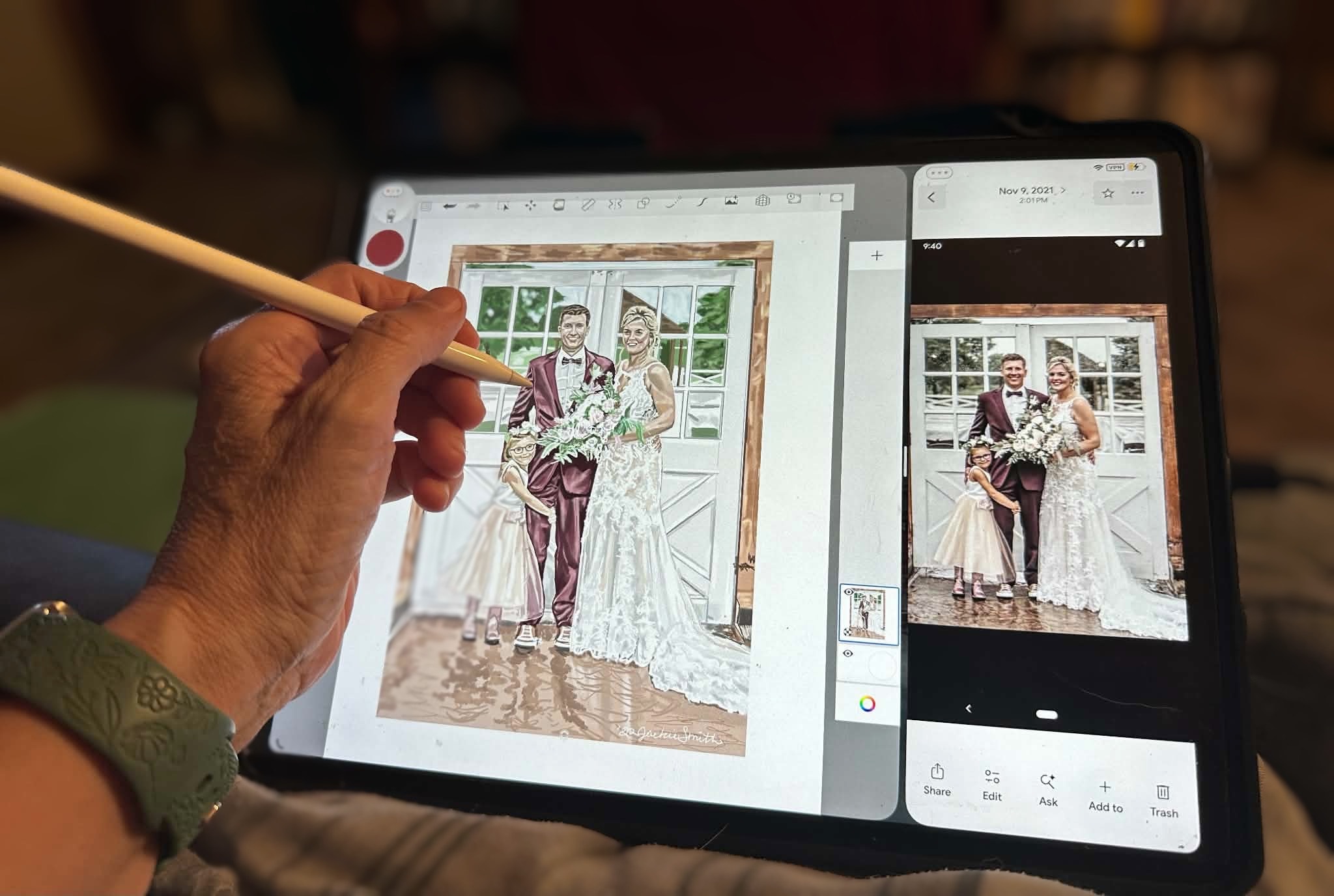 Jackie working on a digital portrait